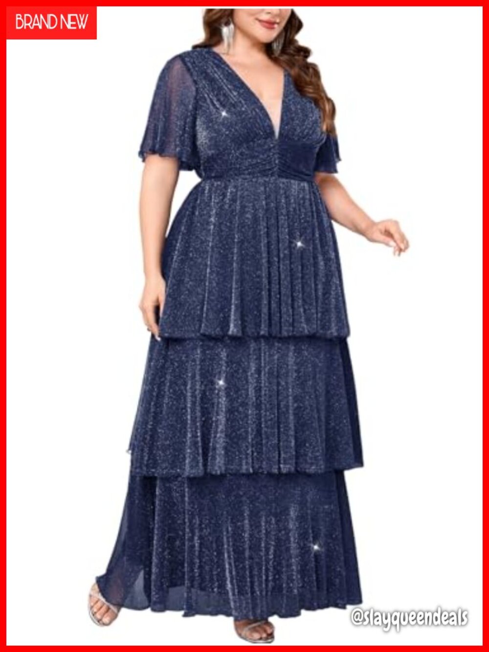 Plus Size Formal Evening Gown Glitter V Neck Ruffle Sleeve Tiered Maxi Dress